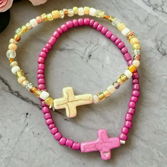 Hand Crafted Pink and Cream Beaded Cross Bracelets - Picture 6 of 6